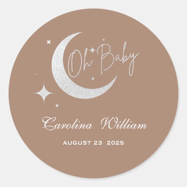 Sticker Rond Parties scintillant argent lune et étoiles oh baby (Devant)