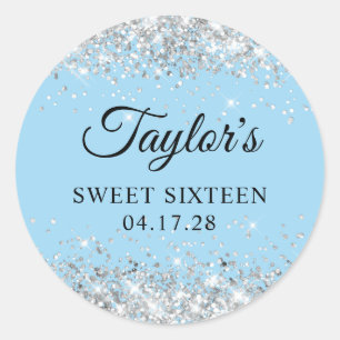 Sticker Rond Parties scintillant argenté Sweet sixteen bleu cla