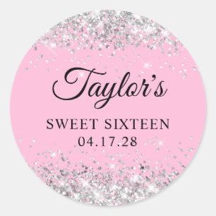 Sticker Rond Parties scintillant argentée Sweet sixteen rose cl