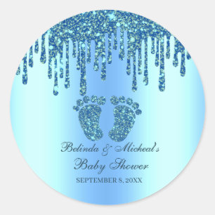 Sticker Rond Parties scintillant Bleu bébé pieds Baby shower