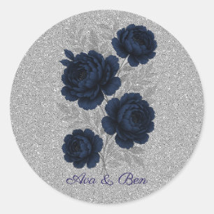 Sticker Rond Parties scintillant bleu marine et argent Feuilles