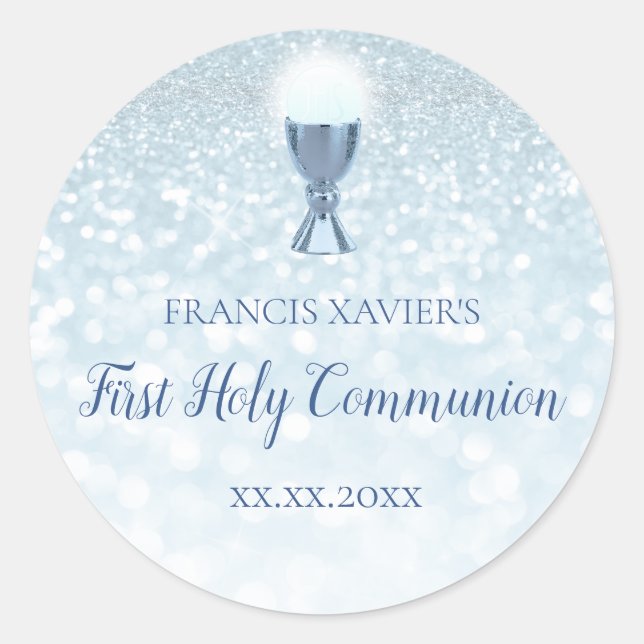 Sticker Rond PARTIES SCINTILLANT bleue FAUX Première communion (Devant)