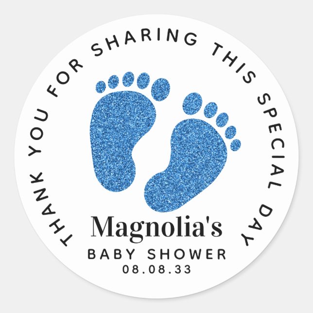 Sticker Rond Parties scintillant Bleue Pieds Baby shower Merci (Devant)