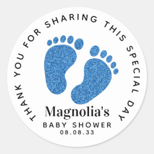 Sticker Rond Parties scintillant Bleue Pieds Baby shower Merci