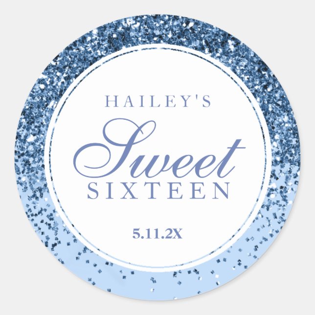 Sticker Rond Parties scintillant bleue Sweet sixteen (Devant)