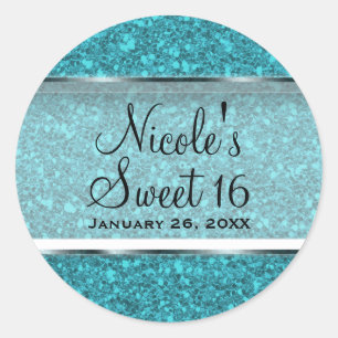 Sticker Rond Parties scintillant bleue turquoise Glam Sweet 16 