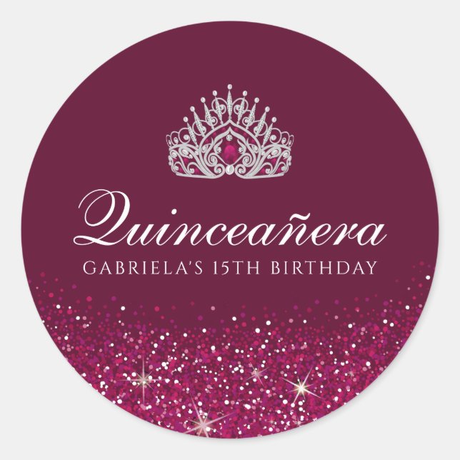 Sticker Rond Parties scintillant Bourgogne Quinceanera (Devant)