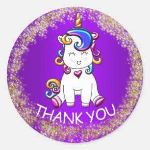 Sticker Rond Parties scintillant colorée Purple Unicorn Anniver
