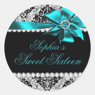 Sticker Rond Parties scintillant Damas et bijoux Turquoise Bow 