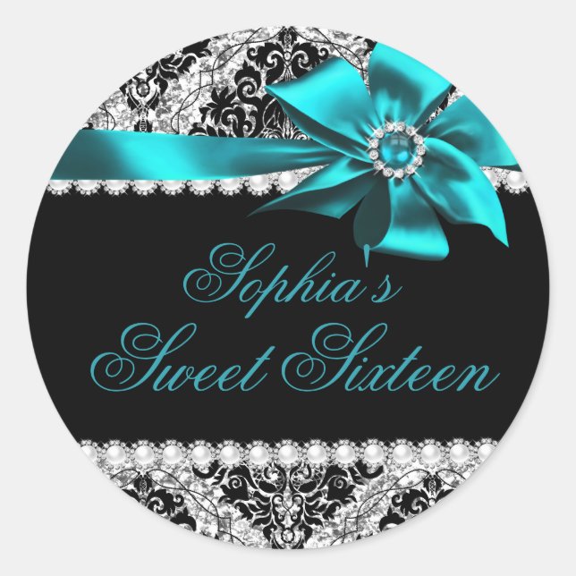 Sticker Rond Parties scintillant Damas et bijoux Turquoise Bow  (Devant)