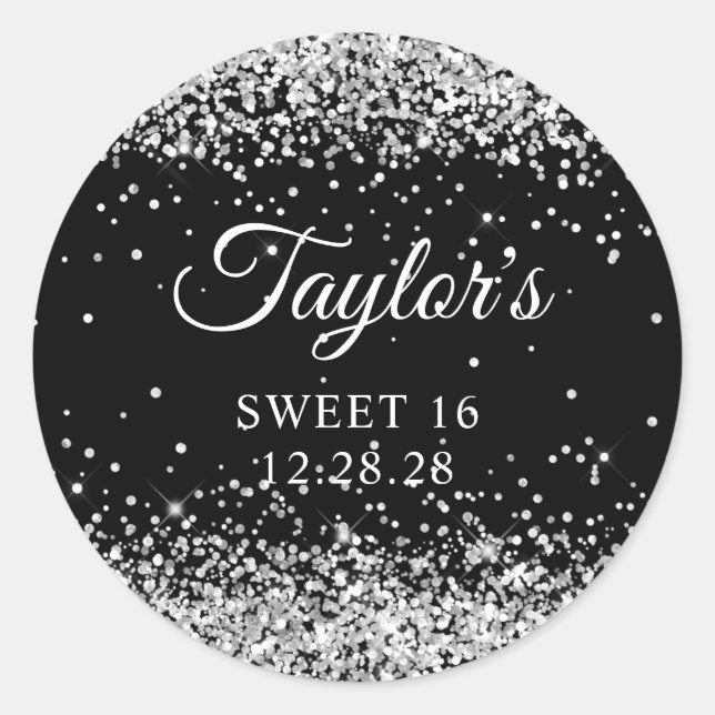 Sticker Rond Parties scintillant d'argent Black Sweet 16 (Devant)