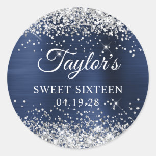 Sticker Rond Parties scintillant d'argent  bleu marine Sweet si