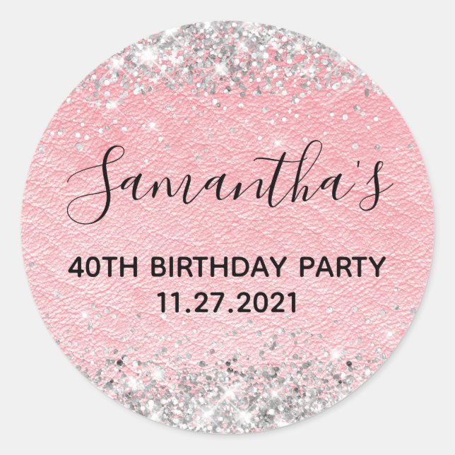 Sticker Rond Parties scintillant d'argent en cuir rose 40e fête (Devant)