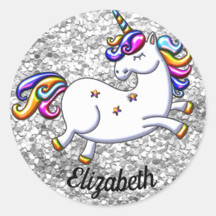 Sticker Rond Parties scintillant d'argent et licorne