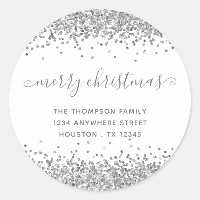 Sticker Rond Parties scintillant d'argent Joyeux Noël Nom de re (Devant)