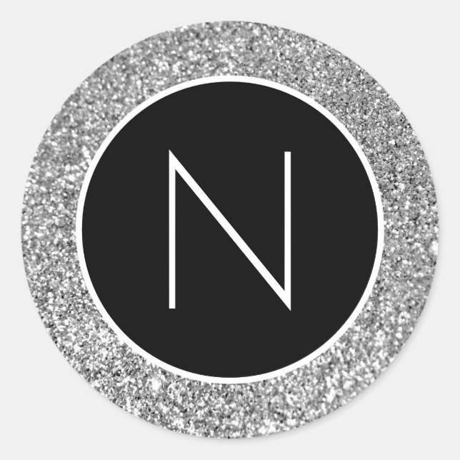 Sticker Rond Parties scintillant d'argent noir et blanc Monogra (Devant)