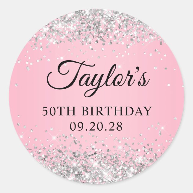 Sticker Rond Parties scintillant d'argent rose 50e anniversaire (Devant)
