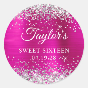 Sticker Rond Parties scintillant d'argent Sweet sixteen à huile