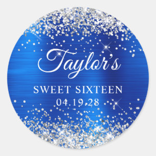 Sticker Rond Parties scintillant d'argent Sweet sixteen Royal B