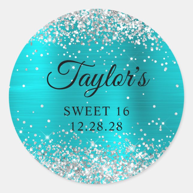 Sticker Rond Parties scintillant d'argent Turquoise Blue Foil S (Devant)