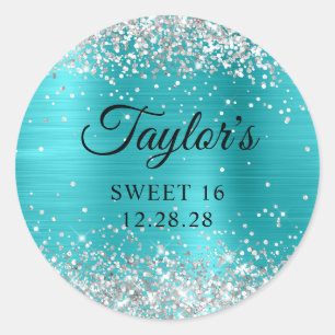 Sticker Rond Parties scintillant d'argent Turquoise Blue Foil S