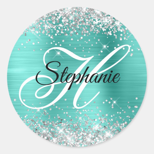 Sticker Rond Parties scintillant d'argent Turquoise Foil Fancy  (Devant)