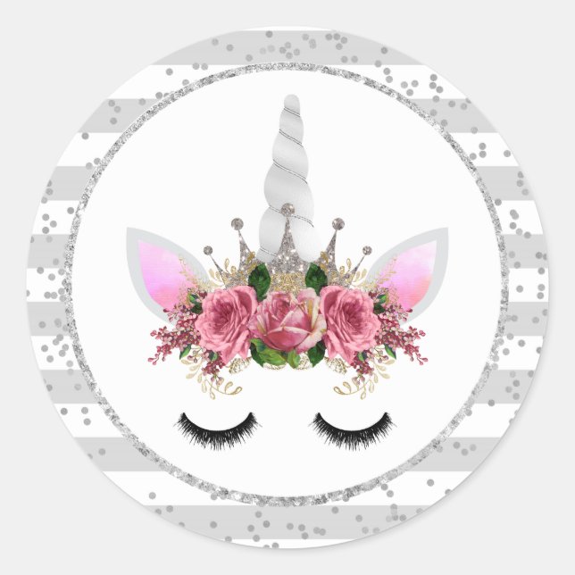 Sticker Rond Parties scintillant d'argent Unicorn Princesse (Devant)