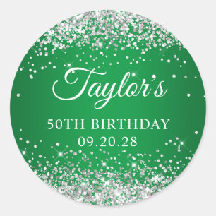 Sticker Rond Parties scintillant d'argent Vert 50e anniversaire