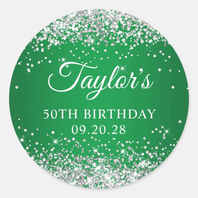 Sticker Rond Parties scintillant d'argent Vert 50e anniversaire (Devant)