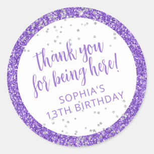 Sticker Rond Parties scintillant d'argent violet Confetti Merci