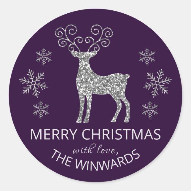Sticker Rond Parties scintillant d'argent violet de Noël Flocon (Devant)