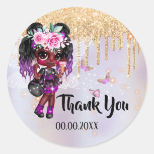 Sticker Rond Parties scintillant de fée rose violet papillon d'
