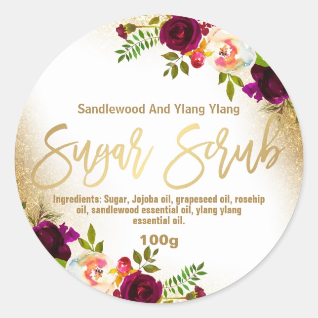 Sticker Rond Parties scintillant d'huile d'or Floral blanc Étiq (Devant)