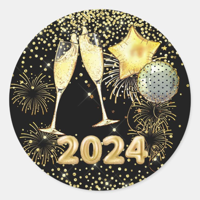 Sticker Rond Parties scintillant d'or 2023 du Nouvel An sur Noi (Devant)