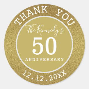 Sticker Rond Parties scintillant d'or 50e anniversaire Merci fa
