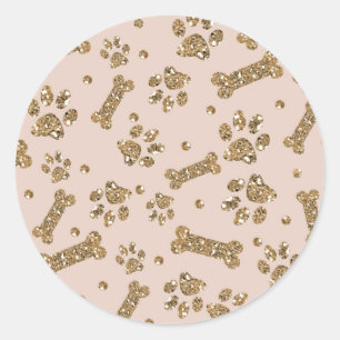 Sticker Rond Parties scintillant d'or Beige Blush Pet Paw Bone 