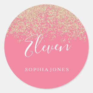 Sticker Rond Parties scintillant d'or Confetti rose 11e anniver