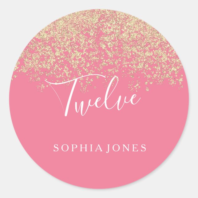 Sticker Rond Parties scintillant d'or Confetti rose 12e anniver (Devant)