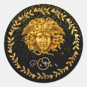Sticker Rond Parties scintillant d'or en Masque Medusa Medusa H