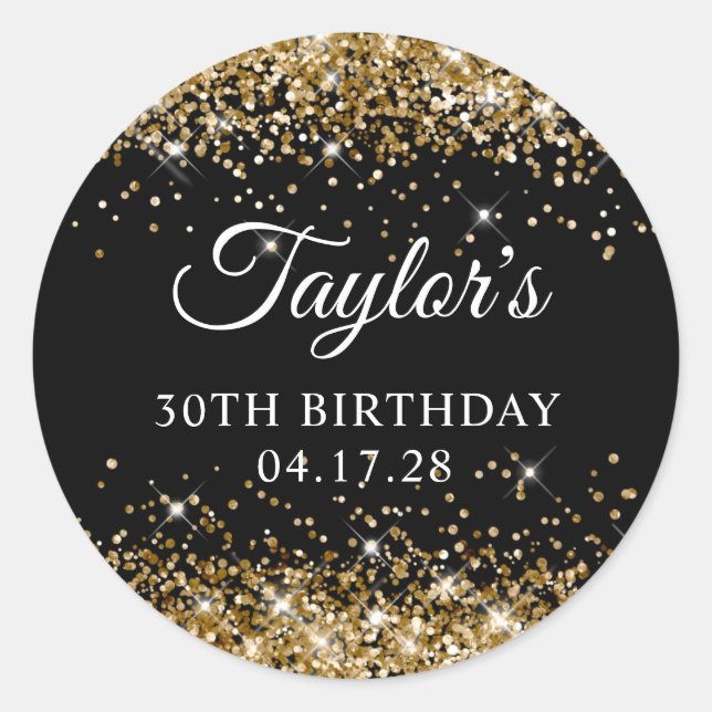 Sticker Rond Parties scintillant d'or et Black 30e anniversaire (Devant)