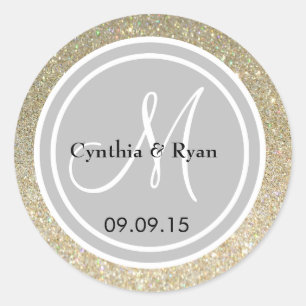 Sticker Rond Parties scintillant d'or et Mariage d'argent Monog