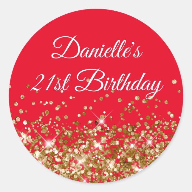 Sticker Rond Parties scintillant d'or et rouge 21e anniversaire (Devant)