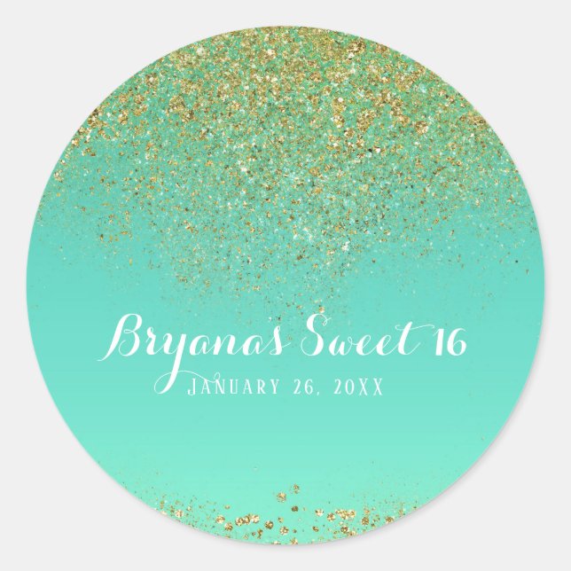 Sticker Rond Parties scintillant d'or et Turquoise Aqua Glam fê (Devant)