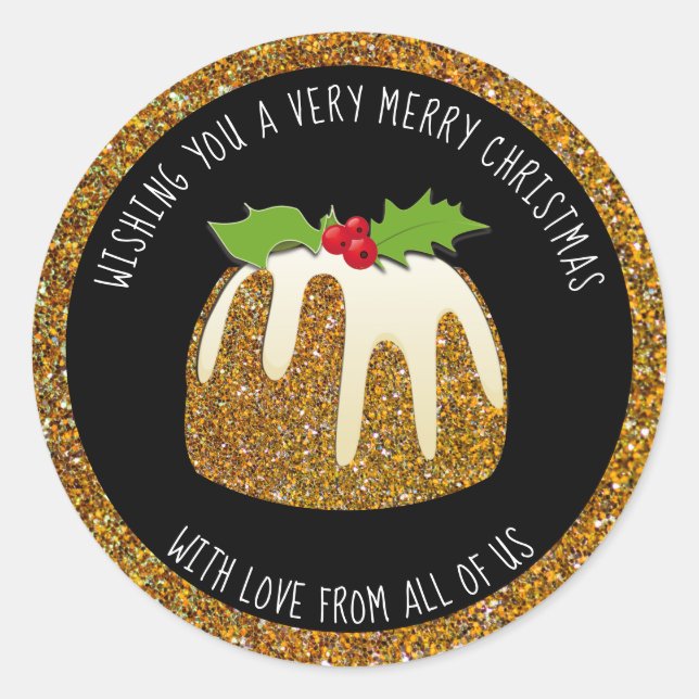 Sticker Rond Parties scintillant d'or festif pudding MERRY CHRI (Devant)