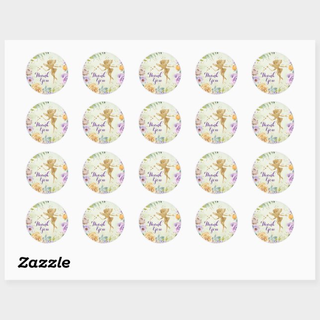 Sticker Rond Parties scintillant d'or floral Merci fée Annivers (Feuille)