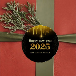 Sticker Rond Parties scintillant d'or Happy New Year 2025 Stick