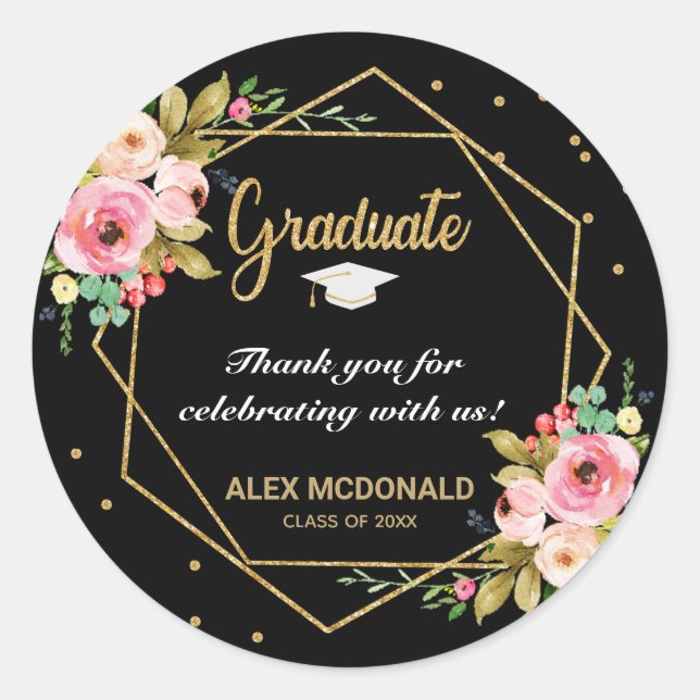 Sticker Rond Parties scintillant d'or moderne Merci de graduati (Devant)