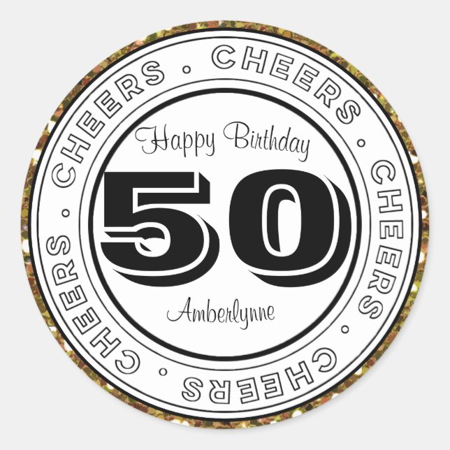 Sticker Rond Parties scintillant d'or noir blanc 50e anniversai (Devant)
