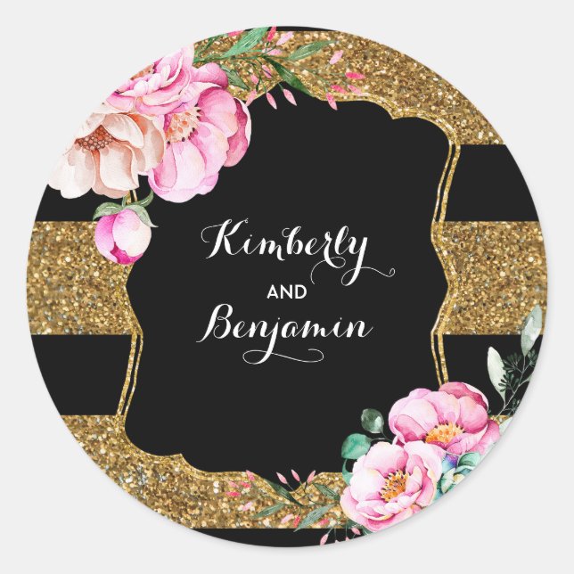 Sticker Rond Parties scintillant d'or rayures et fleurs roses V (Devant)