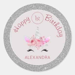 Sticker Rond Parties scintillant d'or Rose et d'argent Unicorn